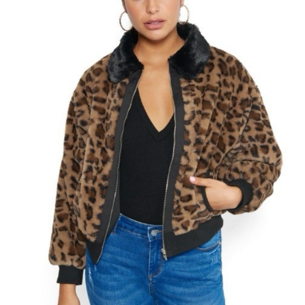 Bebe Brown Leopard Print Teddy Jacket - image 1